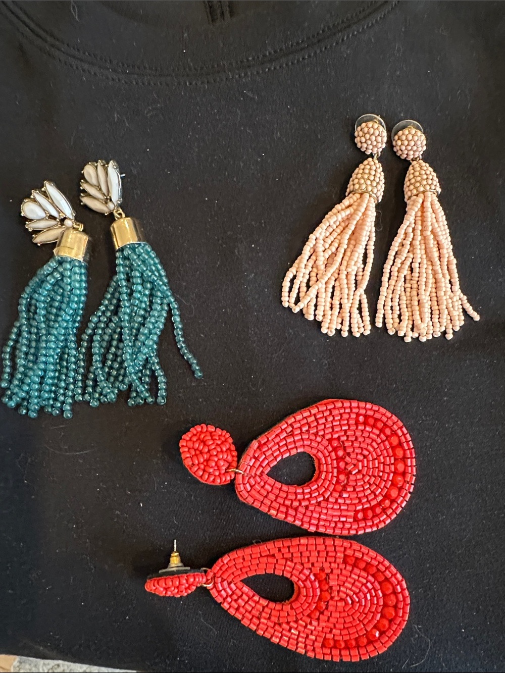Beaded Tassel Earrings Set in Teal, Blush & Red